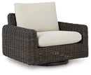 Kimora - 7 Pc. - 4-Piece Outdoor Sectional, Swivel Glider Lounge, Cocktail Table, End Table - Beige / Dark Brown