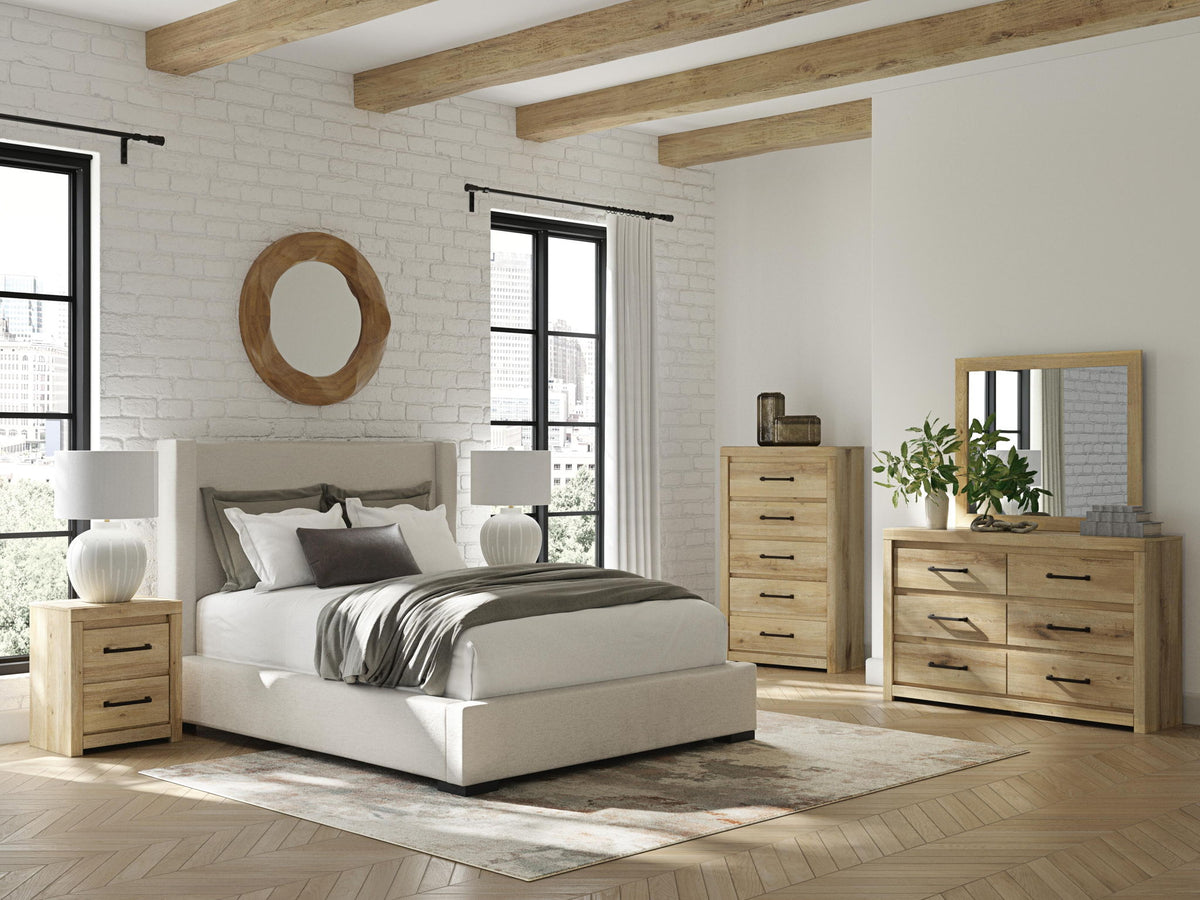 Brozmont - Queen Upholstered Storage Bed - Oatmeal