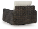 Kimora - 7 Pc. - 4-Piece Outdoor Sectional, Swivel Glider Lounge, Cocktail Table, End Table - Beige / Dark Brown